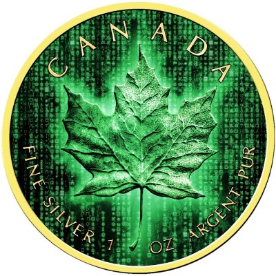 Canada CRYPTO DIGITAL RAIN CANADIAN MAPLE LEAF $5 Dollars Silver Coin 2019 Gold plated 1 oz
